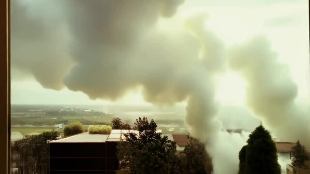 View through window to rocket flying in the sky and explodes
