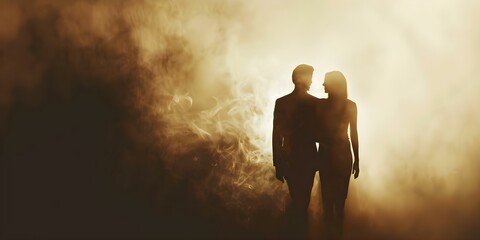 Obraz premium Silhouetted couple in turmoil facing away symbolizing broken vows and divided love. Concept Silhouette Photography, Emotion in Portraits, Love Story Narratives, Relationship Troubles