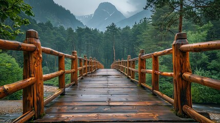 A solid wooden bridge extends over a tranquil stream with dense pine trees on either side and distant mountains, creating a serene and rustic natural setting.