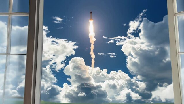 View through window to rocket flying in the sky and falling down

