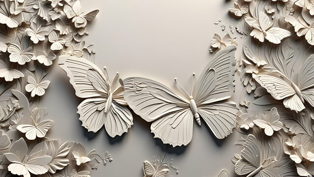  The image shows a close-up of a butterfly sculpture made of white marble. The butterfly appears to be in motion, as if it's flying across the viewer's line of sight.