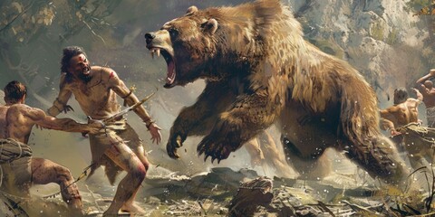  Primitive people attack a prehistoric cave bear.