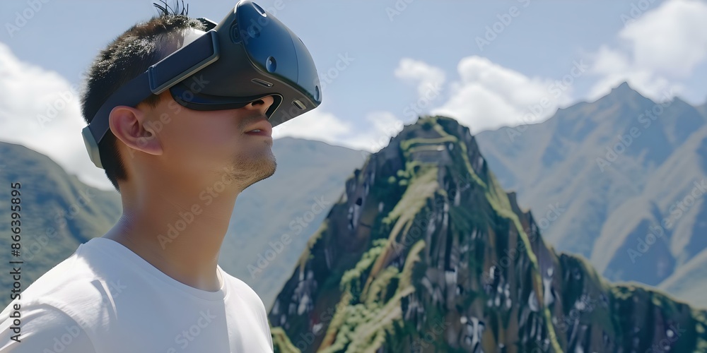 Poster man immersed in vr game exploring machu picchu ruins in virtual reality. concept exploring virtual r