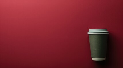 Disposable coffee cup with lid on red background