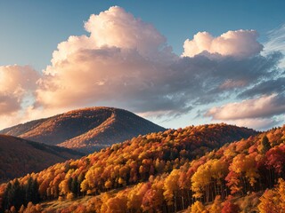 Fototapeta premium Autumn landscape with colorful trees and mountains at sunset