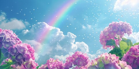 Vibrant Hydrangea Garden Under a Rainbow-filled Sky