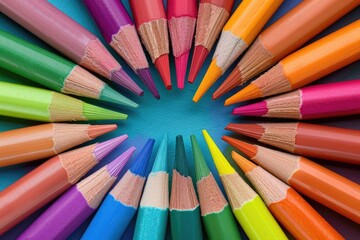 Naklejka premium A vibrant assortment of colored pencils arranged in a circular pattern on a blue background, showcasing creativity and art supplies.