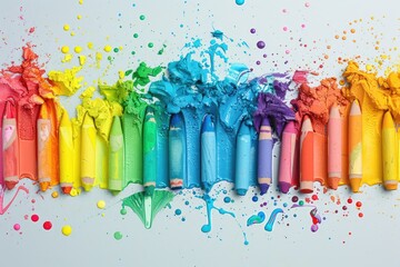 Colorful broken crayons lined up in a vibrant gradient splash of paint, representing creativity, art, and childhood memories.