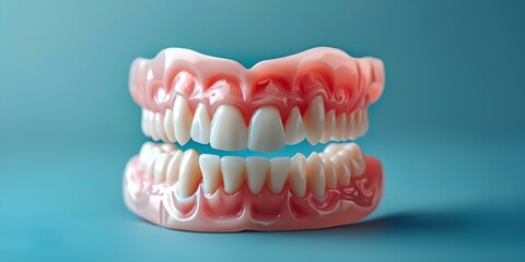 Obraz premium Closeup image of white plastic dentures on a plain background. Concept Product Photography, Dentures, White Plastic, Close-up Shot, Plain Background