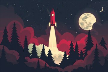 Exploring the night sky rocket flying towards the full moon in a stunning travel adventure concept illustration