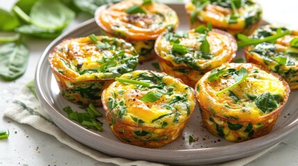 Fototapeta premium Quinoa Egg Muffins With Spinach A plate of quinoa egg muffins, each filled with spinach and topped with a sprinkle of cheese.