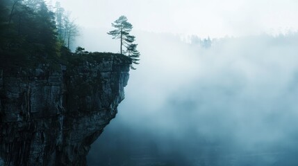 mountain cliff overlooking a misty valley close up, focus on, copy space, striking visuals, Double exposure silhouette with Bauk