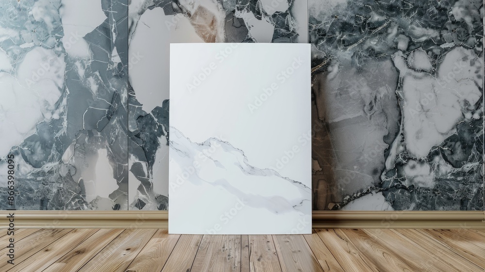 Canvas Prints mockup template with white paper poster on wooden floor and marble wall pattern