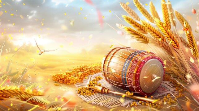  Realistic illustration for baisakhi with a dhol and golden wheat sheaves.