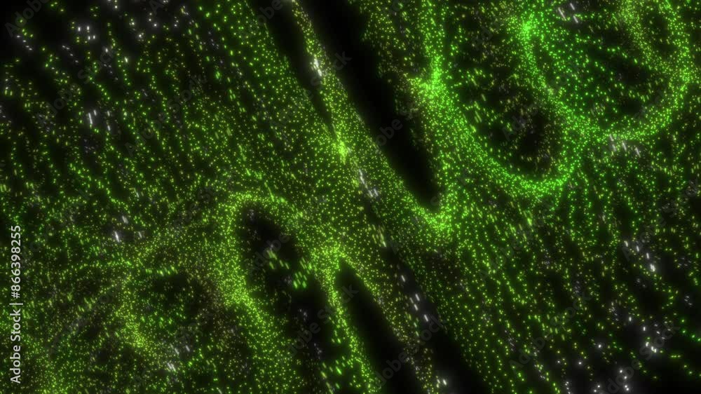 Poster abstract whirlpool galaxy visualisation with multiple layers spinning with glowing green particles -