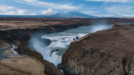 Panoramic summer view of popular tourist destination - Gullfoss waterfall in Iceland. Dramatic aerial view on Hvita river. Incredible morning scene of Iceland, Europe. 