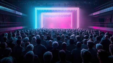 A large crowd of people are gathered in a theater, watching a performance