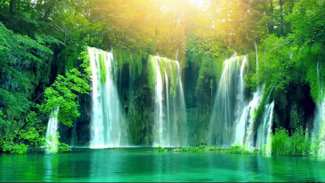 Daytime ancient traditional Chinese Japanese landscape ink Painting of beautiful waterfall calm trees, mountains, flowers, lake, water, birds, blue sky, boat, cherry blossoms season
