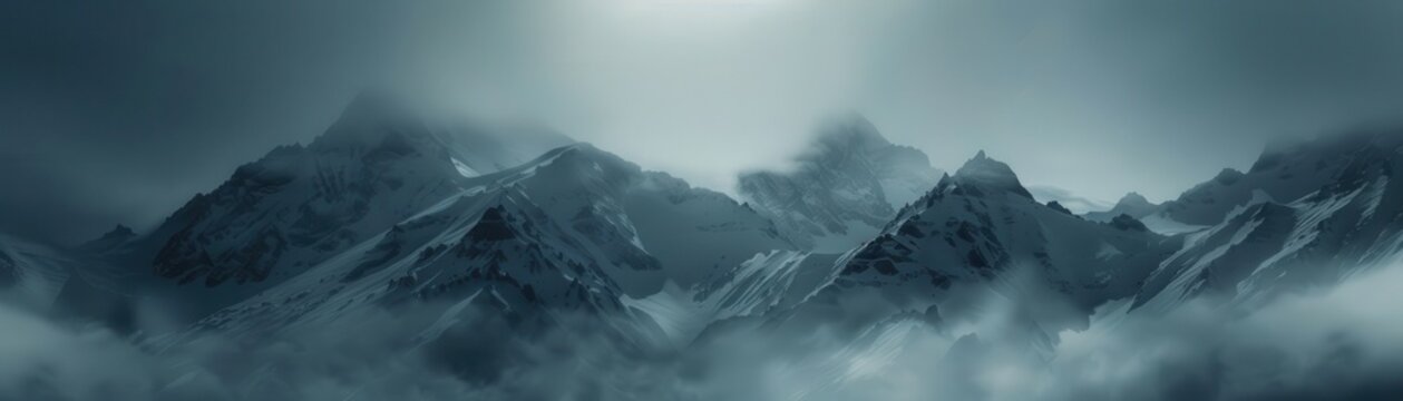 snowcapped mountains under a dark sky close up, focus on, copy space, bright and clear, Double exposure silhouette with Medusa