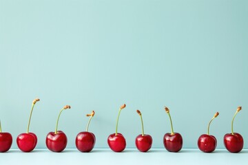Close up photo of merry cherry row lying on neutral table and wall background with copyspace