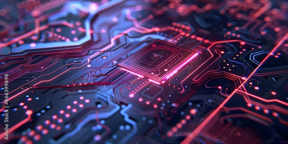 Poster neon lines on circuit boards depict pulsating energy in quantum computing vision. concept technology