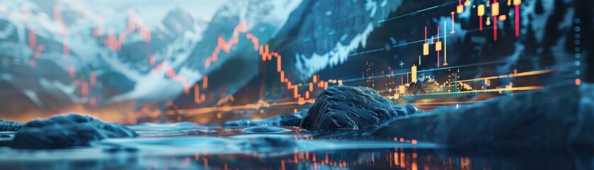 Fototapeta premium rocky mountain terrain with a flowing river close up, focus on, copy space, vivid contrast, Double exposure silhouette with Centaur drinking