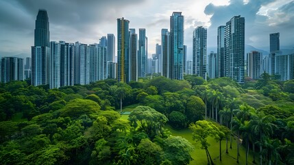 Towering Skyscrapers Surrounded by Lush Urban Parks and Green Spaces