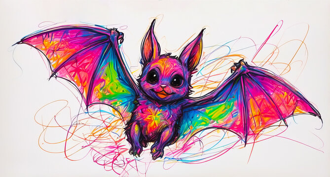 Bat scribbles in chaotic wax crayon drawing style