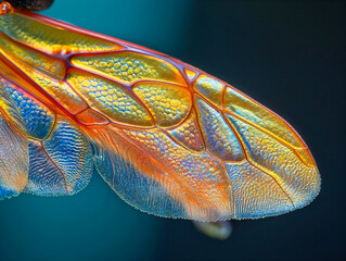 A close up image of a bee wing under a microscope reveals intricate patterns and vibrant colors, including shades of orange, yellow, and blue The wing's texture and veins are highly detailed