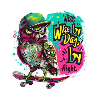 A colorful cool owl wearing a hat and standing on a skateboard. design with the phrase "Wise by day, wise by night". Bird. Wildlife Animals.