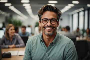 Fototapeta premium Smiling professional in a modern office - confident and successful, businessman with glasses, engaging with colleagues, workplace environment, approachable and friendly - teamwork and collaboration.