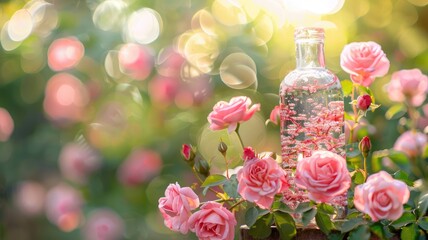 Clear bottle with floral water placed among blooming roses in garden setting