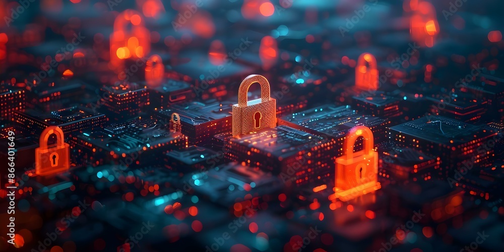 Poster digital network security concept with glowing padlocks symbolizing safe data transfer. concept cyber
