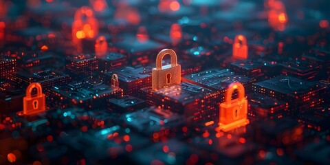 Digital network security concept with glowing padlocks symbolizing safe data transfer. Concept Cybersecurity, Data Protection, Encryption Technology, Network Safety, Secure Information Transfers