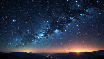 Fototapeta premium Ciel étoilé et coucher de soleil sur les montagnes