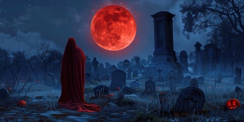 Red full moon over creepy halloween graveyard with red cloaked figure