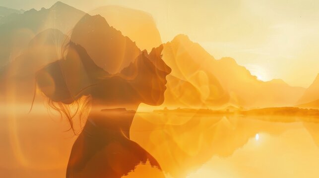 mountain range at sunrise close up, focus on, copy space, warm hues, Double exposure silhouette with Mermaids emerging