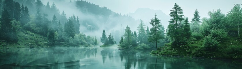 Fototapeta premium forestcovered mountainside with a hidden lake close up, focus on, copy space, lush green tones, Double exposure silhouette with Kraken rising