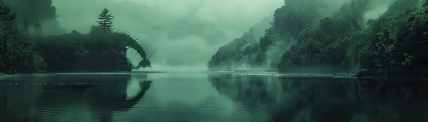 Fototapeta premium forestcovered mountainside with a hidden lake close up, focus on, copy space, lush green tones, Double exposure silhouette with Kraken rising