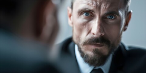 Suspect avoids eye contact with questioning officer during interrogation. Concept Police Interrogation, Nonverbal Communication, Suspect Behavior, Eye Contact, Criminal Investigation