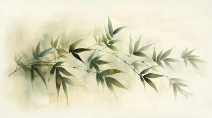 Obraz premium Watercolor painting of bamboo branches with green leaves, minimalist nature art, serene botanical illustration. Abstract nature art concept.