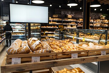 Discreet advertising catalyst positioned strategically in the bakery aisle of a large retail store.