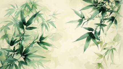 Abstract watercolor painting of green bamboo leaves, oriental style. Minimalist Asian art for interior design.