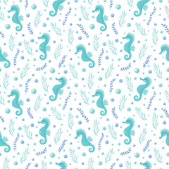 Childrens cute background. Childrens cute animals. Sleepy seahorse and seaweeds seamless pattern. Underwater life vector illustration