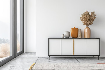 Stylish sideboard next to a big window filling the room with natural lighting in a residential interiors composition. Real Estate and architectural advertising with copy space.