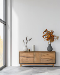Stylish sideboard next to a big window filling the room with natural lighting in a residential interiors composition. Real Estate and architectural advertising with copy space.