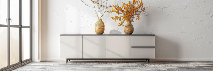 Stylish sideboard next to a big window filling the room with natural lighting in a residential interiors composition. Real Estate and architectural advertising with copy space.
