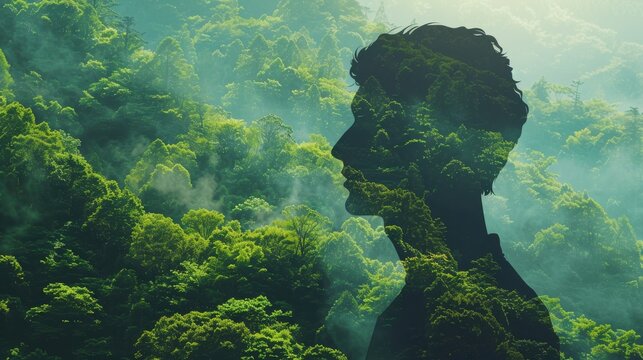 forestcovered mountain slopes close up, focus on, copy space, lush green tones, Double exposure silhouette with Griffin watching