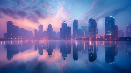 Fototapeta premium Majestic City Skyline Reflecting on Water at Twilight with Towering Skyscrapers