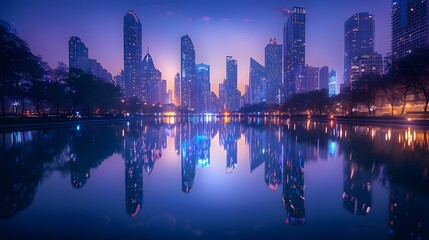 Fototapeta premium Stunning Skyline Reflections at Twilight in Vibrant Cityscape